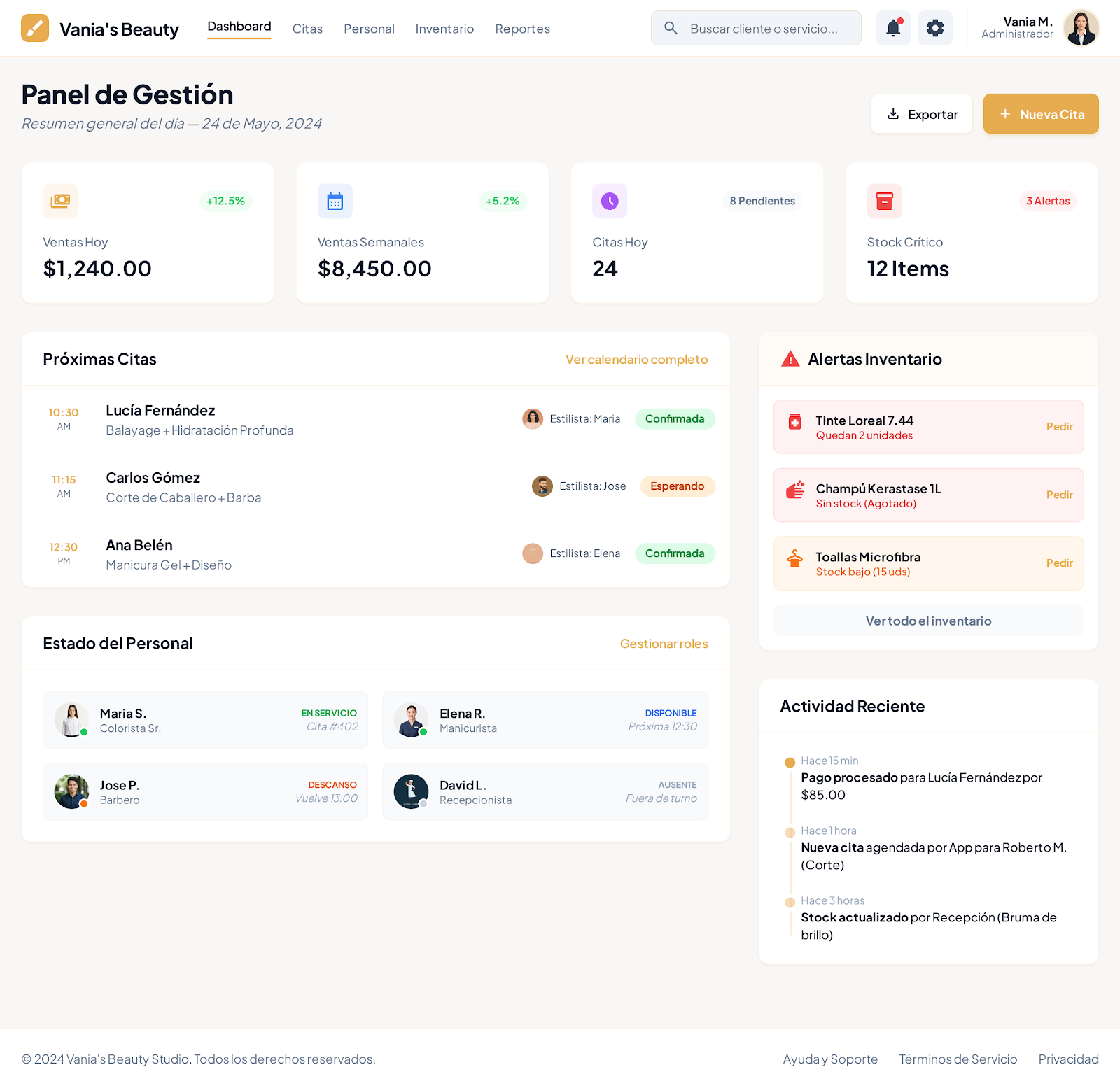 Dashboard principal de KaigelERP